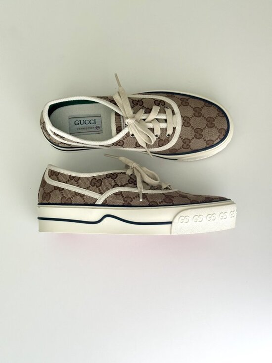 Gucci Shoes - Women's GUCCI GG Logo Brown Canvas Tennis 1977 Platform Sneakers Size 37